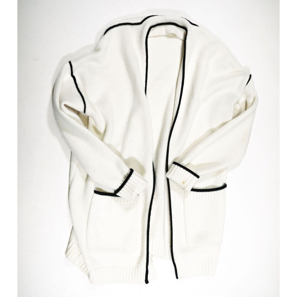 Maje Contrast Trim Ecru Wool Knit Cardigan Sweater